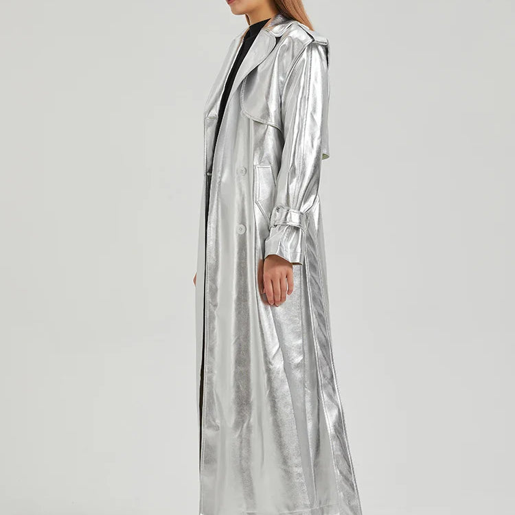 Autumn Extra Long Gold Shiny Patent Pu Leather Trench Coat for Women Single Breasted Luxury Designer Overcoat 2024 Silver