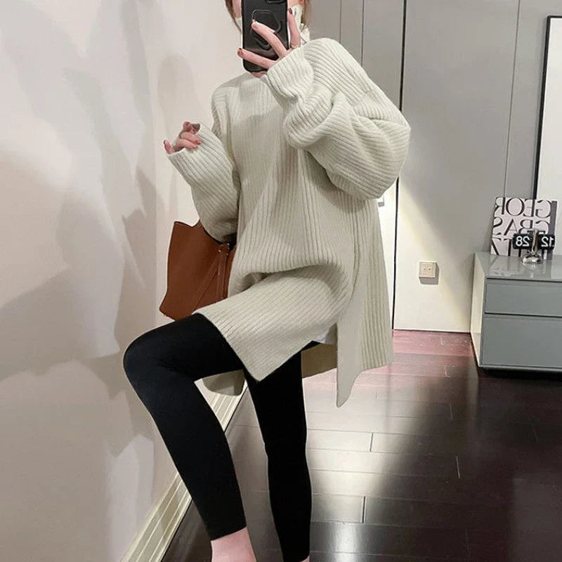 Women Simple Casual Oversized Turtleneck Knitted Sweater 2023 Autumn Winter Trendy Split Long Sleeve Pullover Tunic Tops Jumpers Apricot