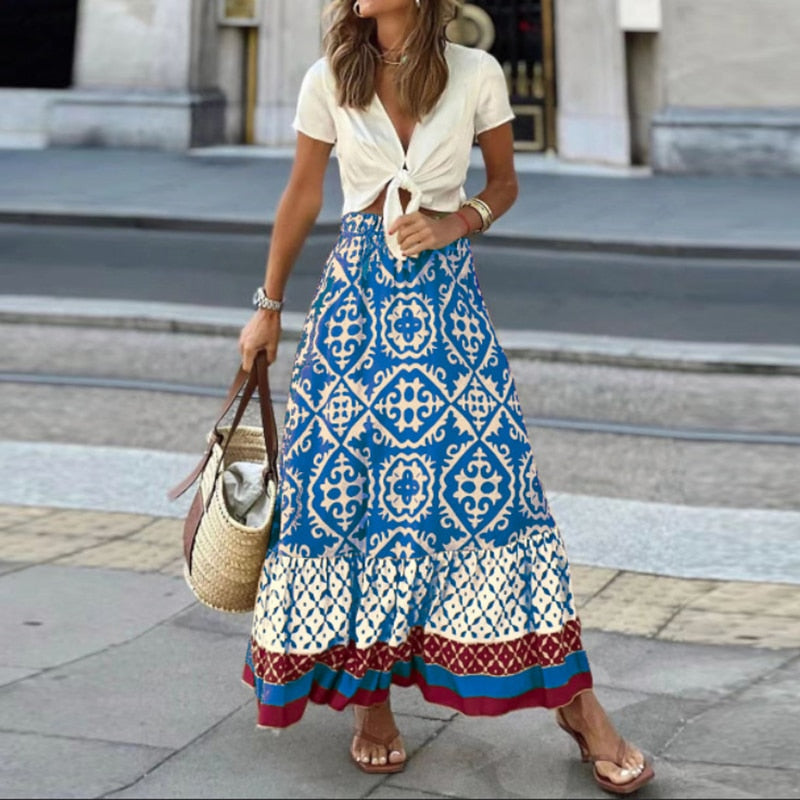 Women's Fashion Skirt 2024 Summer New Commute Geometric Pattern Printing Ruffle Sleeve Loose Stitching Large Swing Women’s Skirt Blue