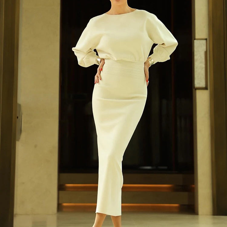Elegant Soft Crewneck White Long Sleeveless Midi Dress for Office-Ready Chic Gown