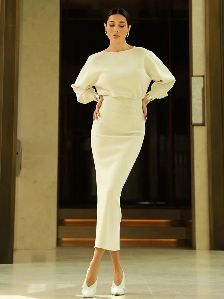 Elegant Soft Crewneck White Long Sleeveless Midi Dress for Office-Ready Chic Gown