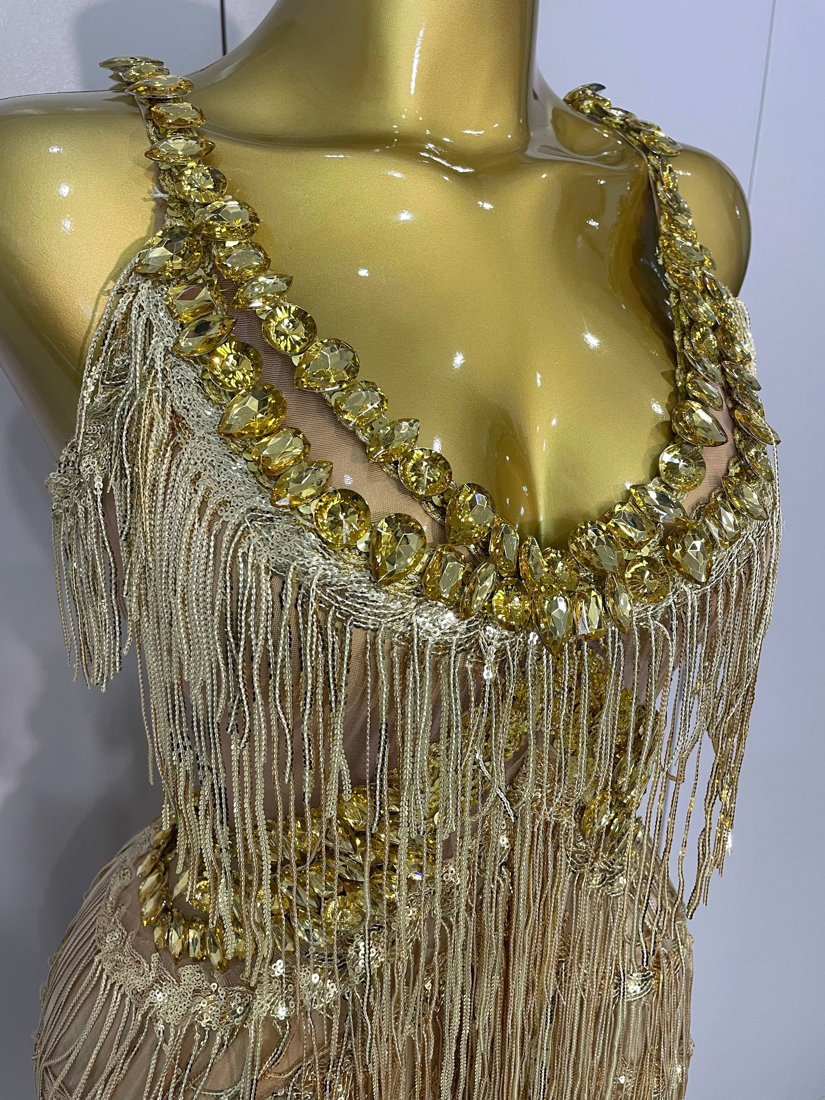 Shiny Gold Rhinestones Sequined Fringe Wide-leg jumpsuit 2025 Women Sexy Night Party Club Outfit Singer Stage Perform Costume