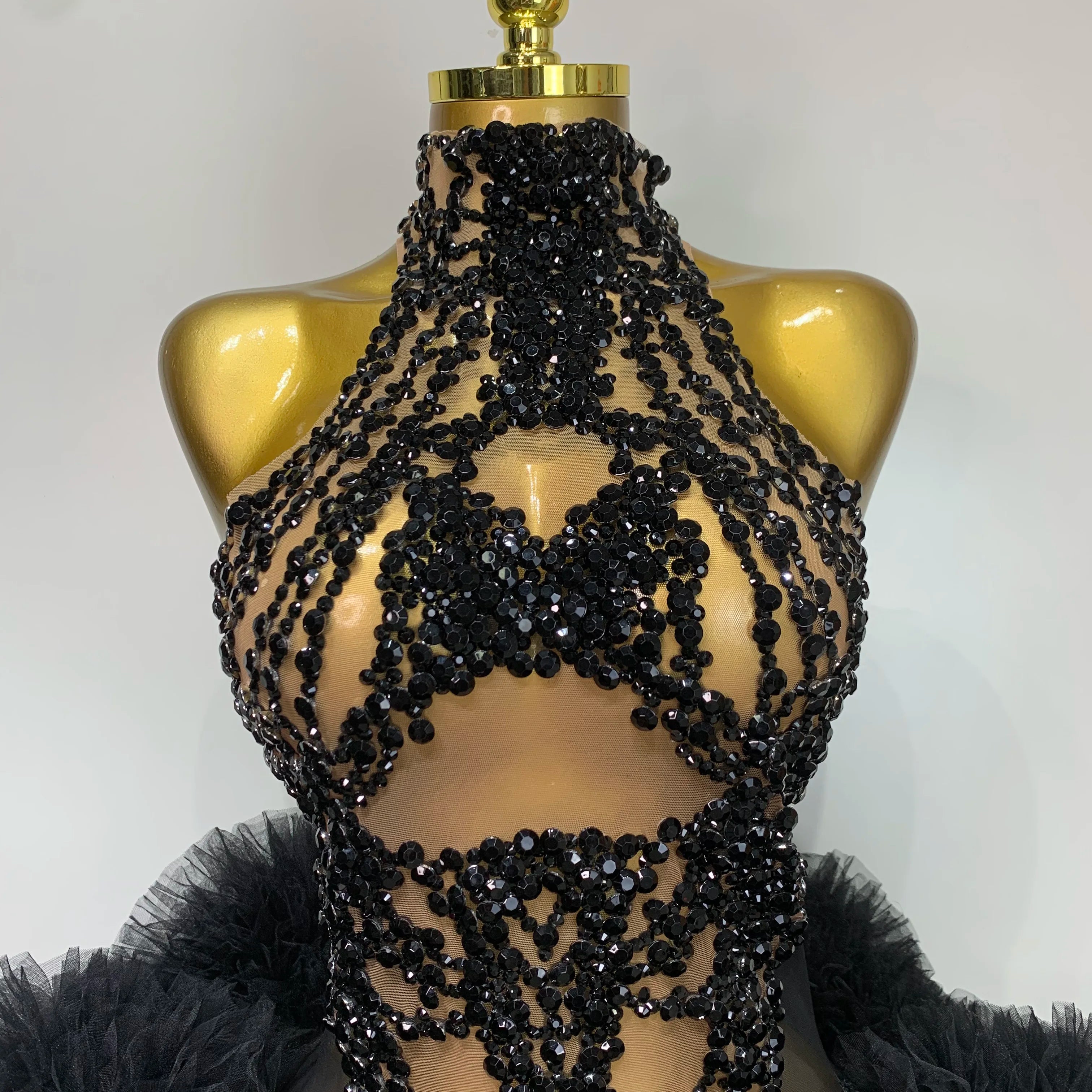 Luxury Women Sexy Sparkly Rhinestone Sleeveless Mesh See Through Bodycon Mini Birthday Dress Evening Party Performance Costume
