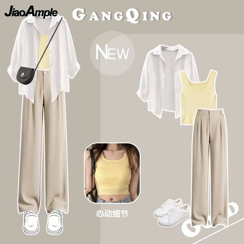 Women's Summer Suit 2024 New Casual Sunscreen Shirt Top+Strap+Casual Pants 3 Piece Korean Elegant Blouse Trousers Matching Set