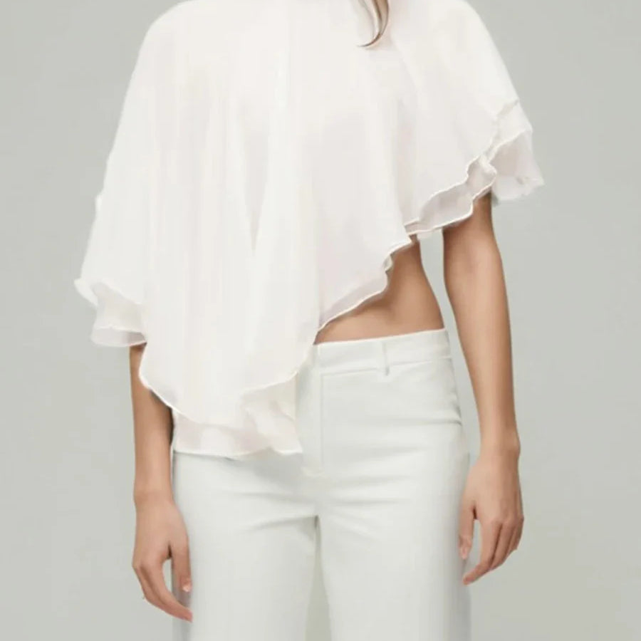 Solid Loose Spliced Lace Up Elegant Blouses for Women High Neck Sleeveless Irregular Blouse Female Fashion Clothing WHITE One Size