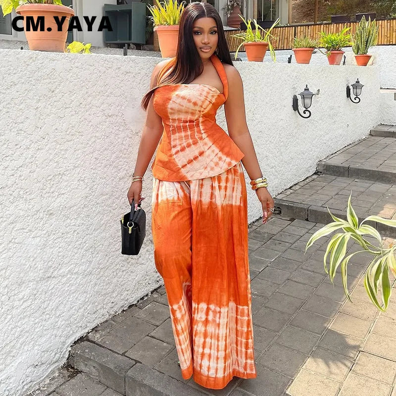 Fashion Tie Dye Printed Women's Set Halter Neck Crop Top and Loose Wide Leg Pants 2025 Two 2 Piece Sets Outfit Tracksuit