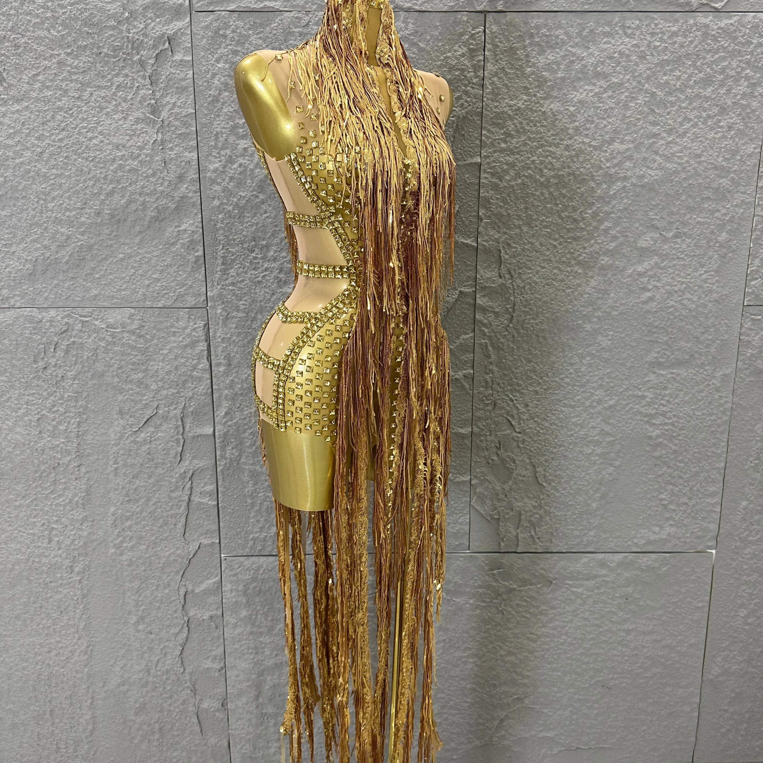 Opulent Gold Halter Neck Mini Dress Women Sexy Crystal Embellished Fringe Trim Form-Fitting Outfit Formal Event Party Costume