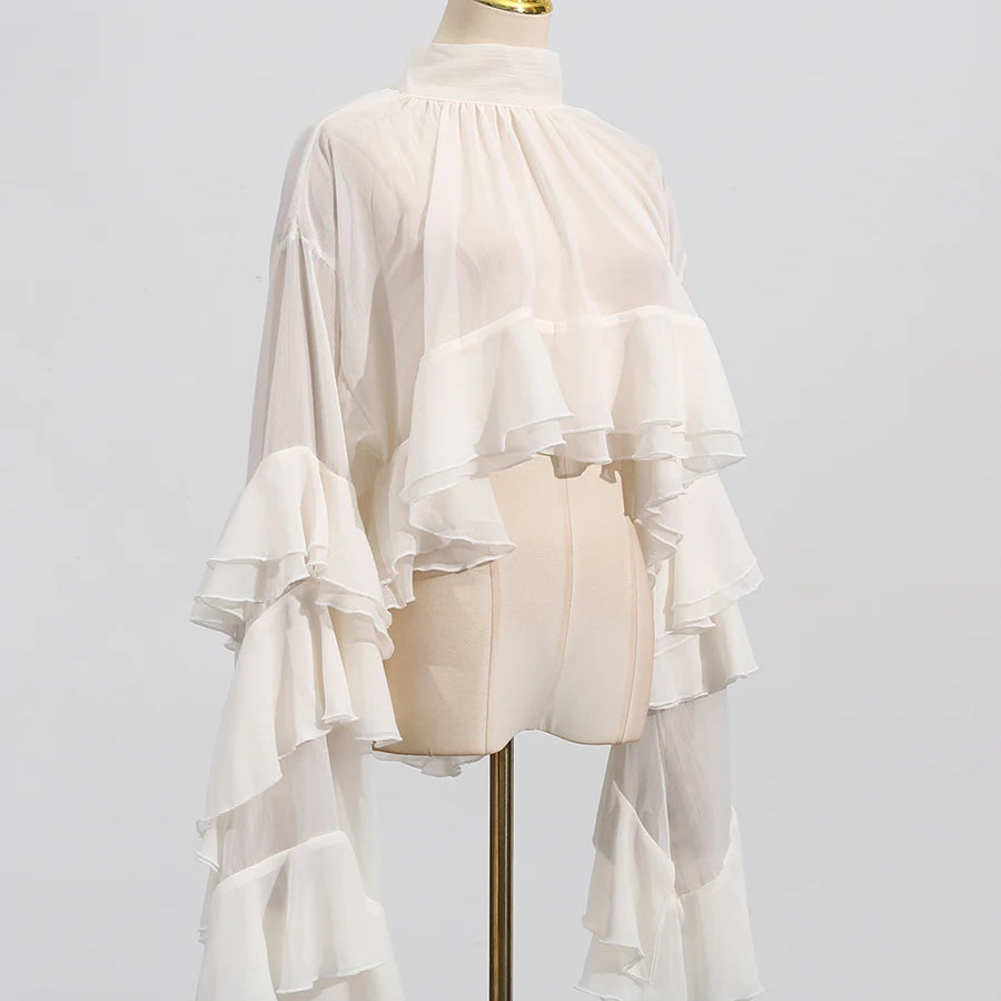 Solid Loose Sheer Blouses for Women High Neck Long Sleeves Patchwork Ruffles Folds Elegant Blouse Female Clothing