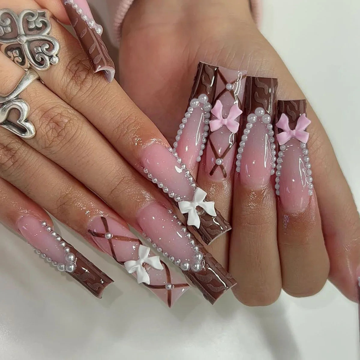 24Pcs Wearable Colorful Butterfly Designs French Press on Nails Long Ballet False Nails with Rhinestone Acrylic Fake Nails Tips 25