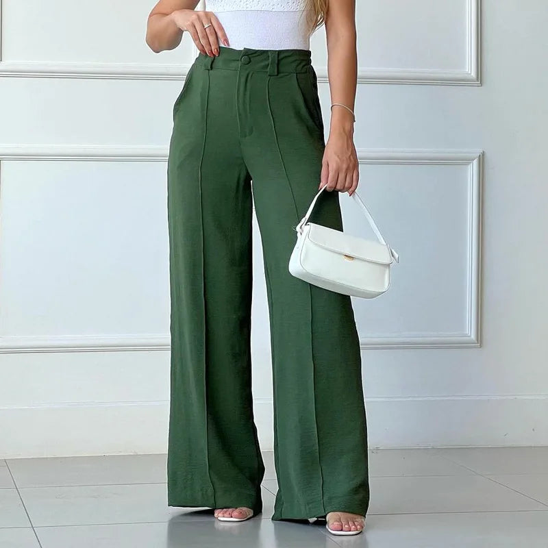 Spring Summer Solid Color Fashion Casual Pants Women's High Waisted Wide Leg Pants green