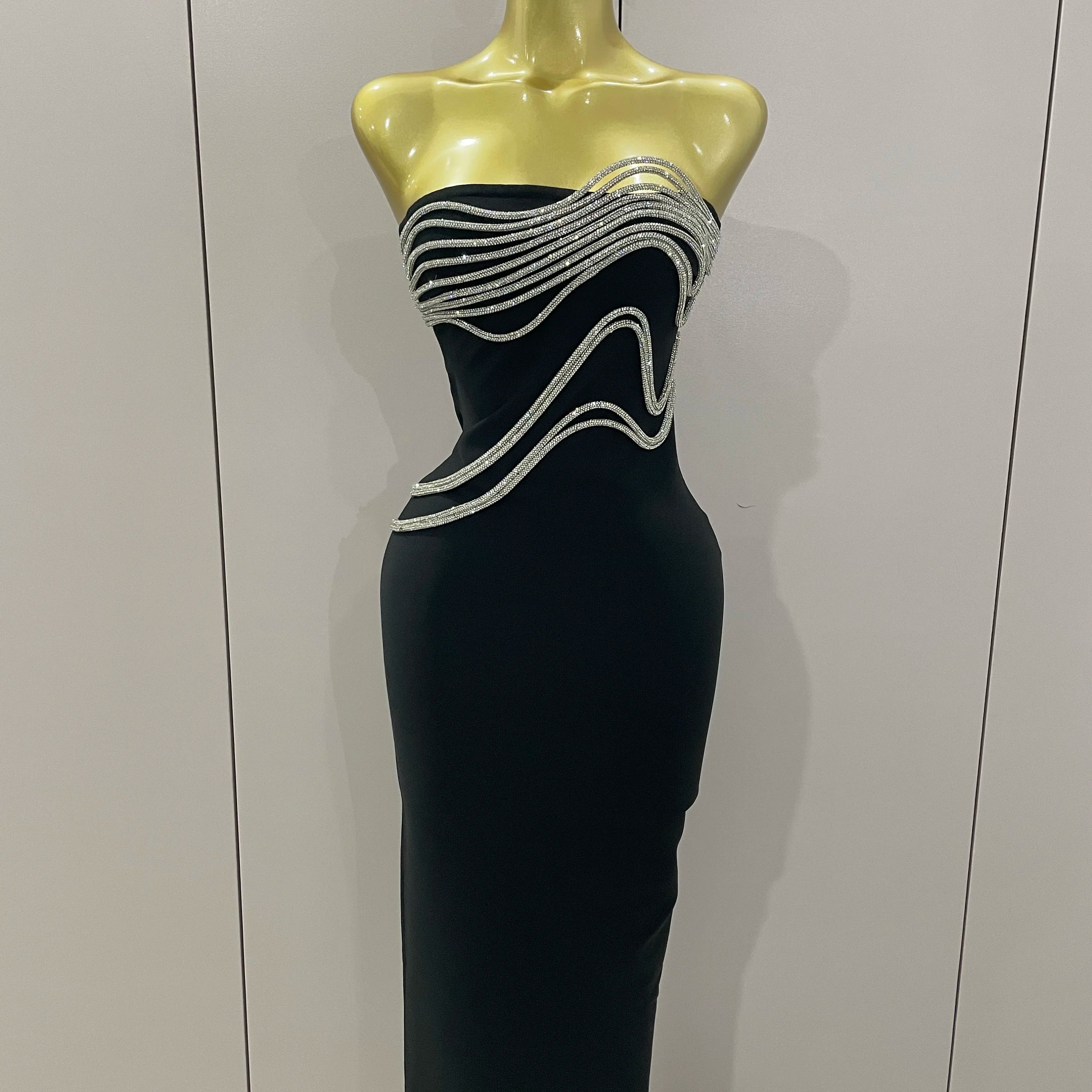 Sexy Strapless Diamond Lines Bodycon Bandage Long Dress 2025 Women Celebrity Red Carpet Elegant Evening Birthday Party Dresses black