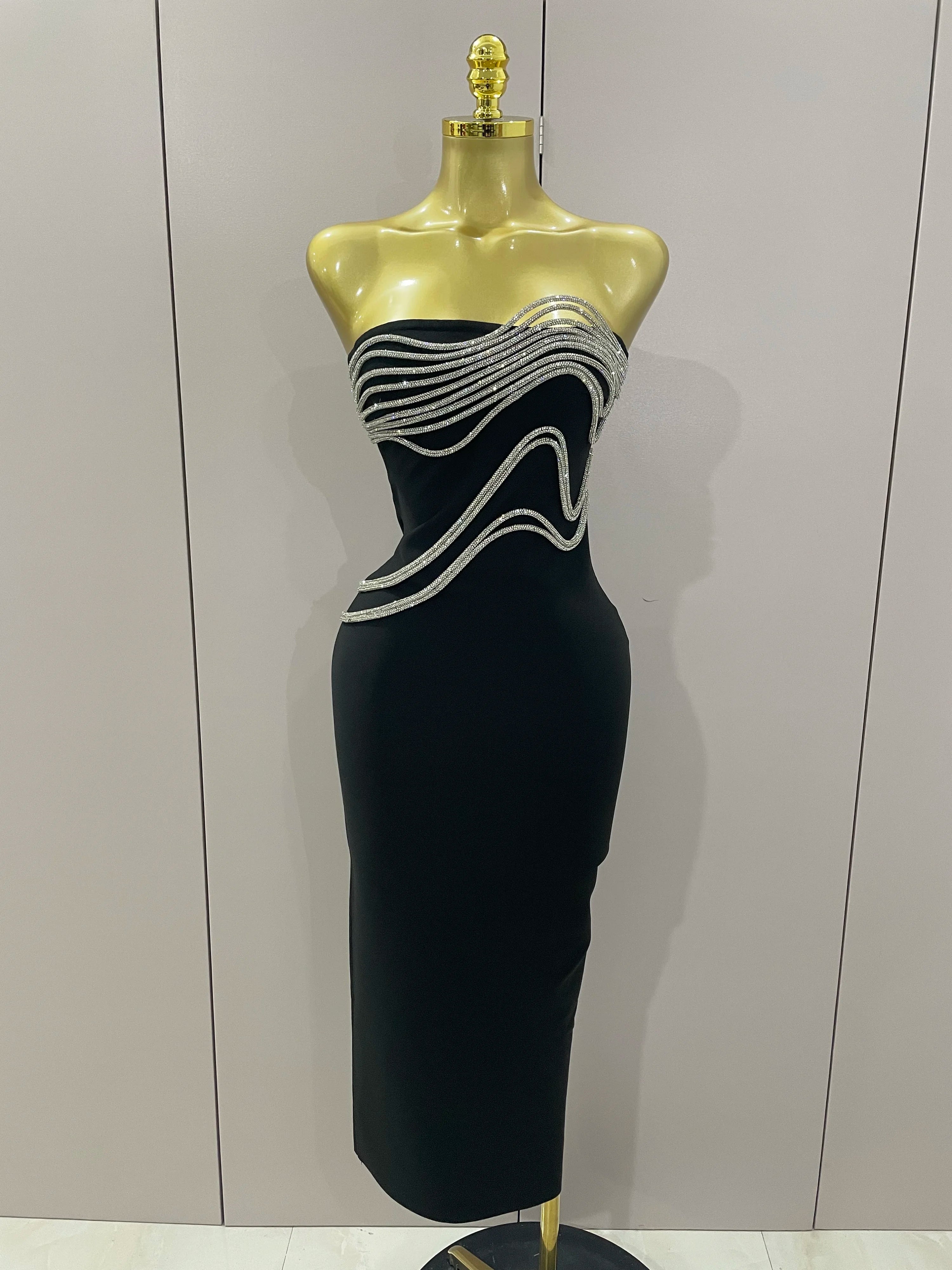 Sexy Strapless Diamond Lines Bodycon Bandage Long Dress 2025 Women Celebrity Red Carpet Elegant Evening Birthday Party Dresses black