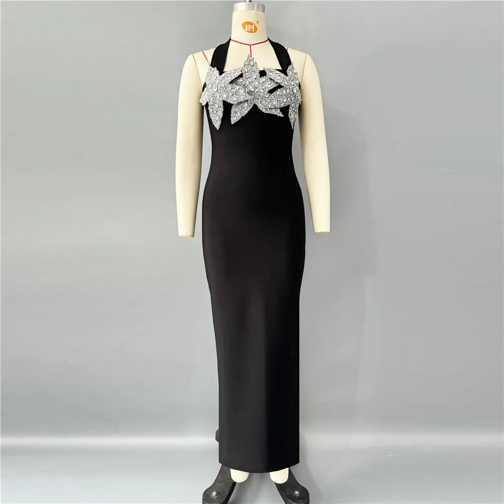 Black Red Women Sexy Halter Off the Shoulder Shinning Diamond Bodycon Long Bandage Dress Evening Party Celebrate Fashion Outfit black