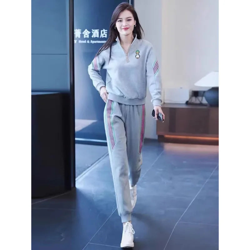 Women's Tracksuit Large Autumn Winter New Loose Casual Fashion Tops And Pencil Pants Two Piece Sets Plus Size Clothing For Women GRAY