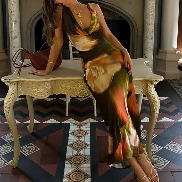 Women Tie Dyed Print Ruffles Maxi Dress Elegant Swing Neck Slim Fit Maxi Dresses Sexy Open Back Summer Evening Party Gowns 2025