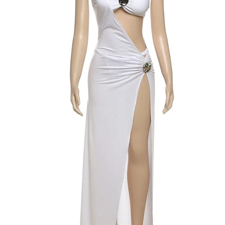 Women's Fashion Sexy Solid Skirt Three Piece Set Hollow Out Top Vest And Thigh Split High Waist Skirt Three Piece Set