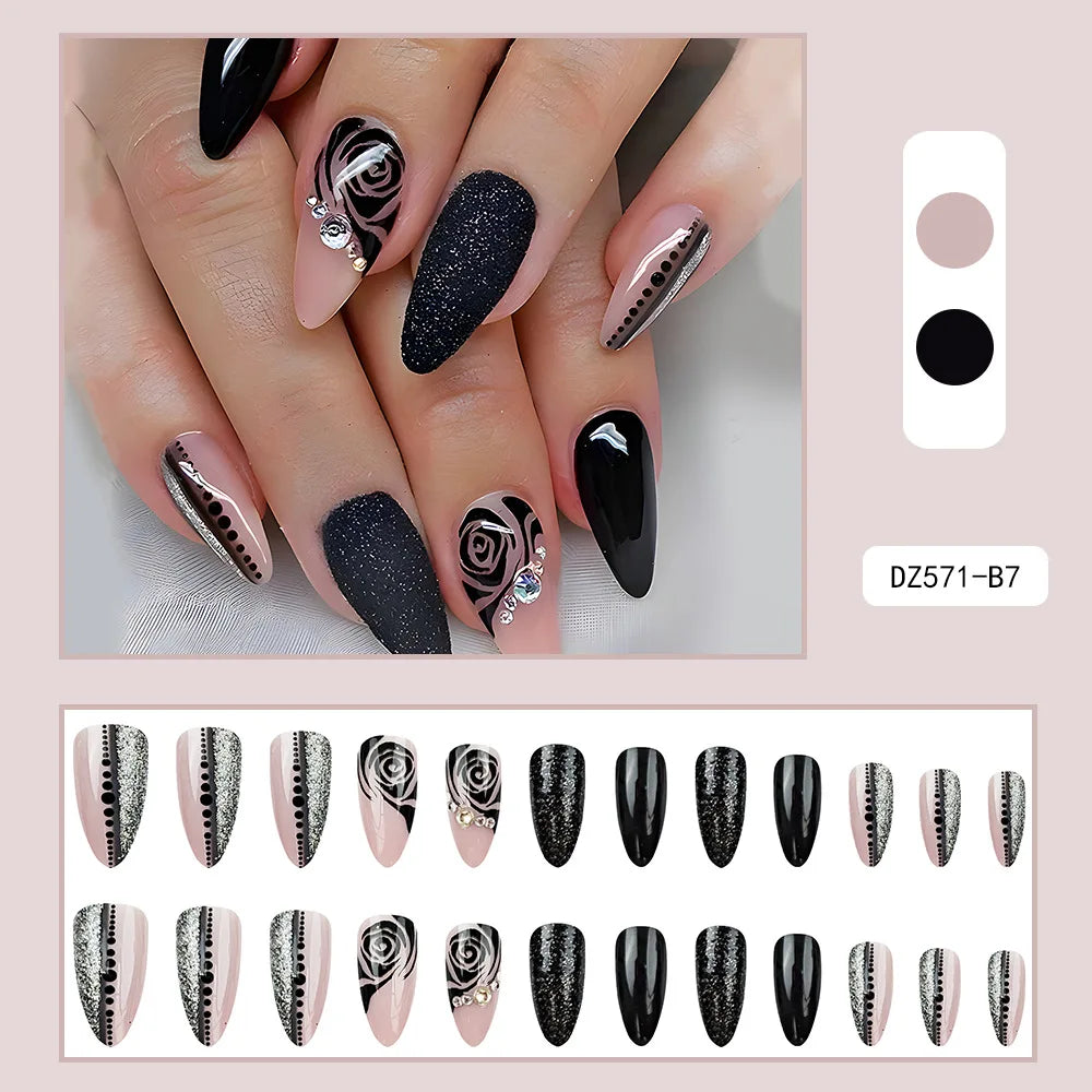 Black Cool Fake Nails Halloween Bat Press on Nails Almond Decorated Nail Tips Rivet Bow False Nails 24pcs Reusable Acrylic Nails 07