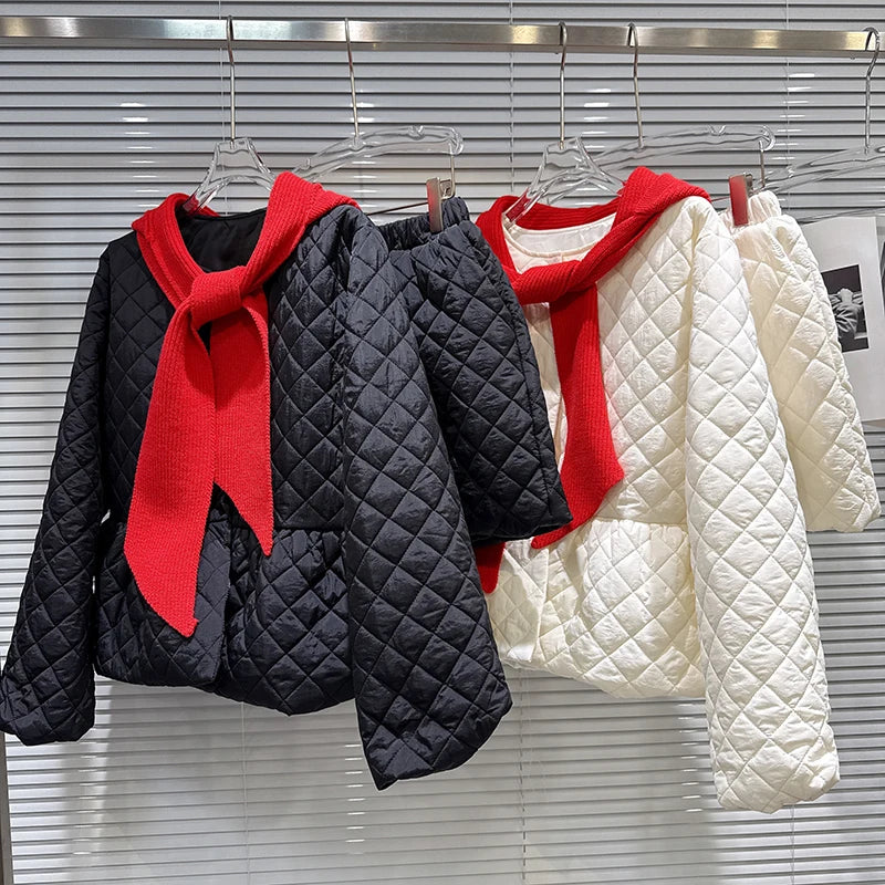 Winter New Temperament Knitted Hooded Scarf Cotton Padded Jacket Elastic Waist Short Skirt Set For Women 11A07798