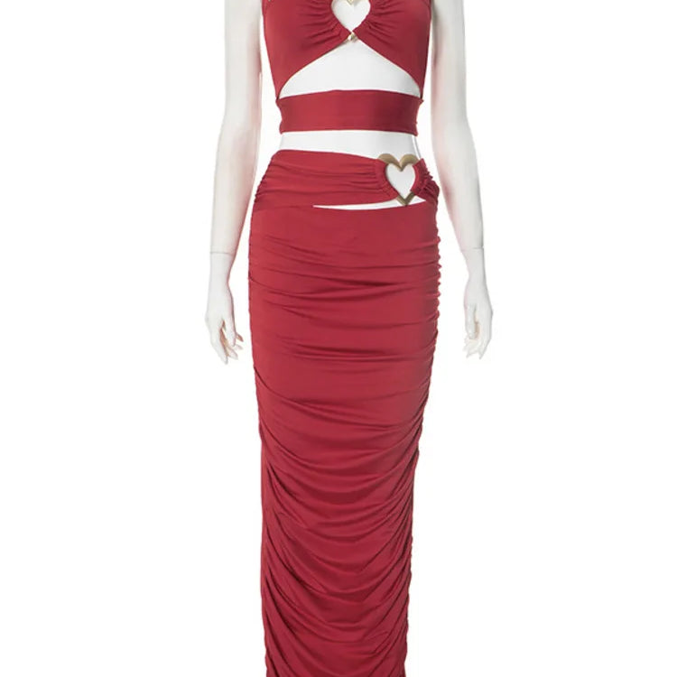 Sexy Slim Hollow Out Skirt Two Pieces Sets For Women Love Metal Buckle Halter Tops And Long Skirt Two Pieces Sets