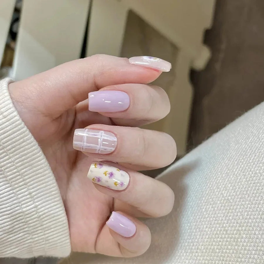 24pcs/set Medium long fake nails square ballet tips flowers butterfly for spring summer season blue green press on false nail 2171