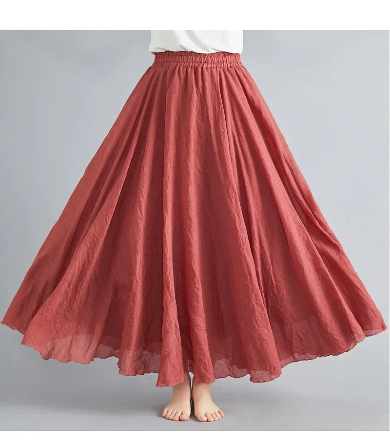Fashion Cotton Linen Clothes Women Skirts Maxi Y2k Elegant Beach Saia Ropa Mujer Casual Vestido Boho Long Skirt Faldas Harajuku Rust red