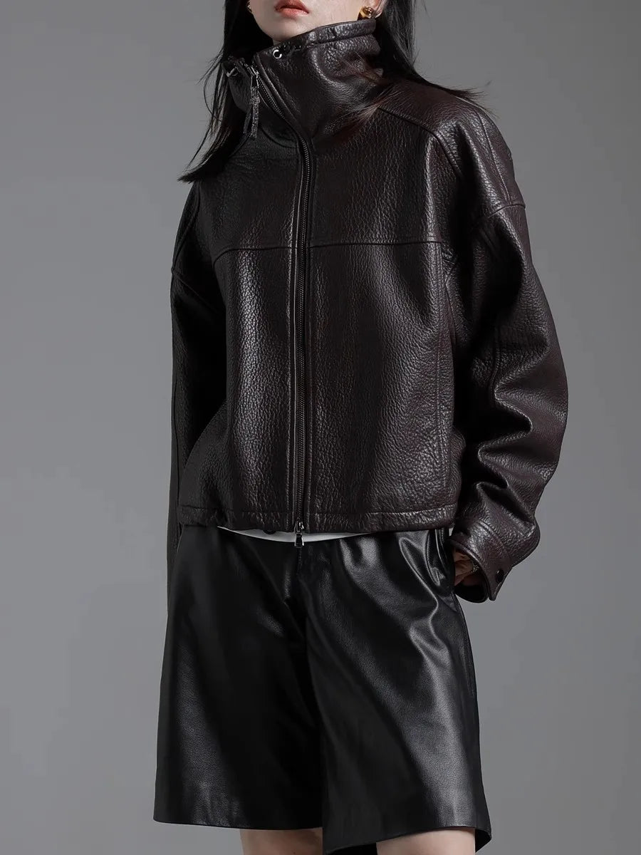 Lautaro Spring Autumn Cool Waterproof Short Brown Pu Leather Jacket Women with Long Raglan Sleeve Zip Up Luxury Designer Clothes