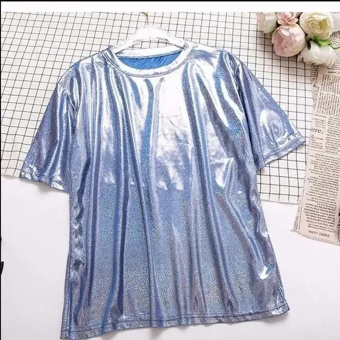 S-5XL Womens Sparkly Shiny Metallic Holographic Round Neck Short Sleeve Casual Loose Top Festival Party Tee Shirt Female Clothes Blue