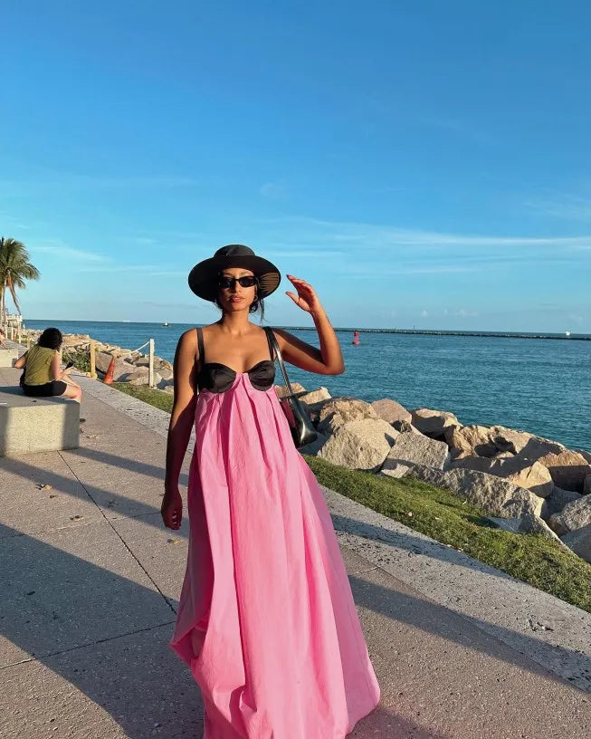 Women Fashion Color Matching Halter Maxi Dress Ladies Sexy Backless Off Shoulder Sleeveless Dresses Female party Holiday Robes