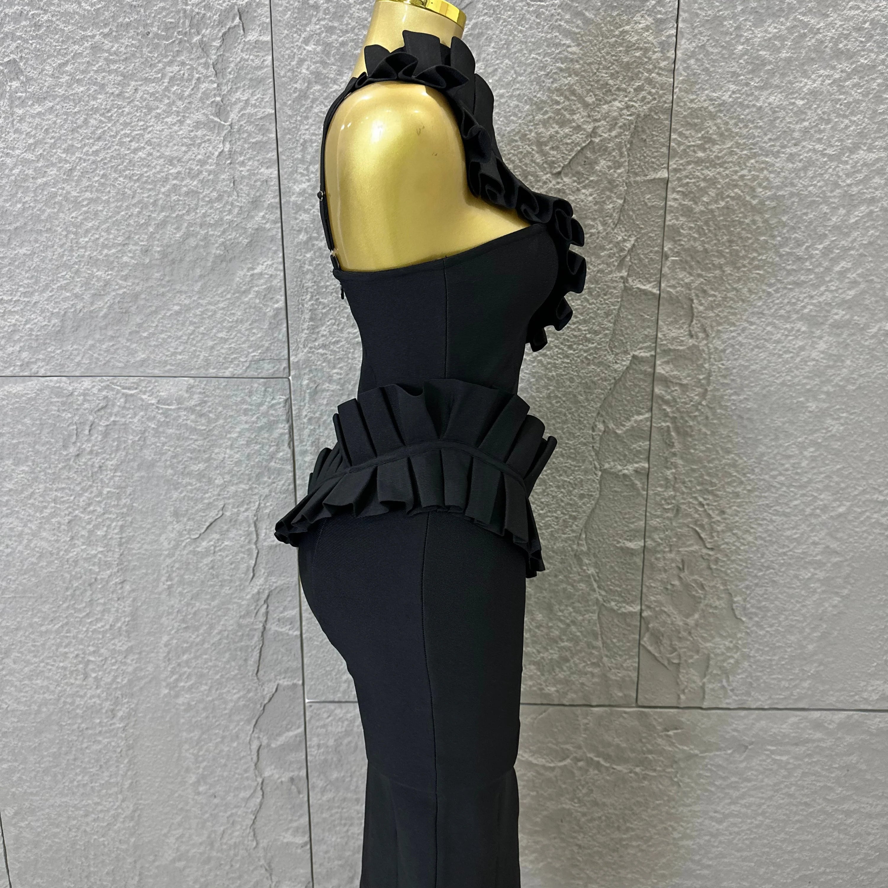 Sexy One-Shoulder Bodycon Midi Dress Women Sexy Ruffle Embellished Waist Cutout High Slit Outfit Evening Gala Party Costume