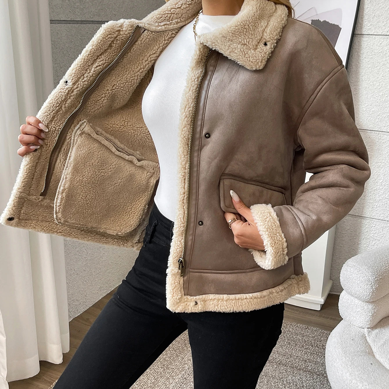 Fitaylor Autumn Winter Women Faux Suede Lamb Jacket Casual Lady Thick Warm Motorcycle Leather Outwear