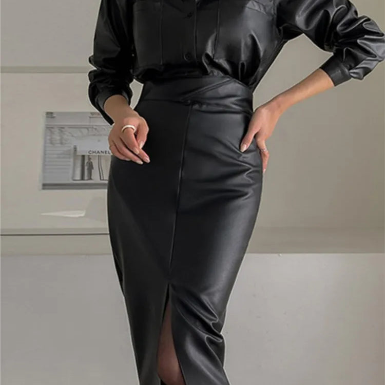 PU Autumn Winter Leather Midi Skirt Women Split Fashion High Waist Bodycon Ladies Skirts Korean Office Black Woman Skirt 2023