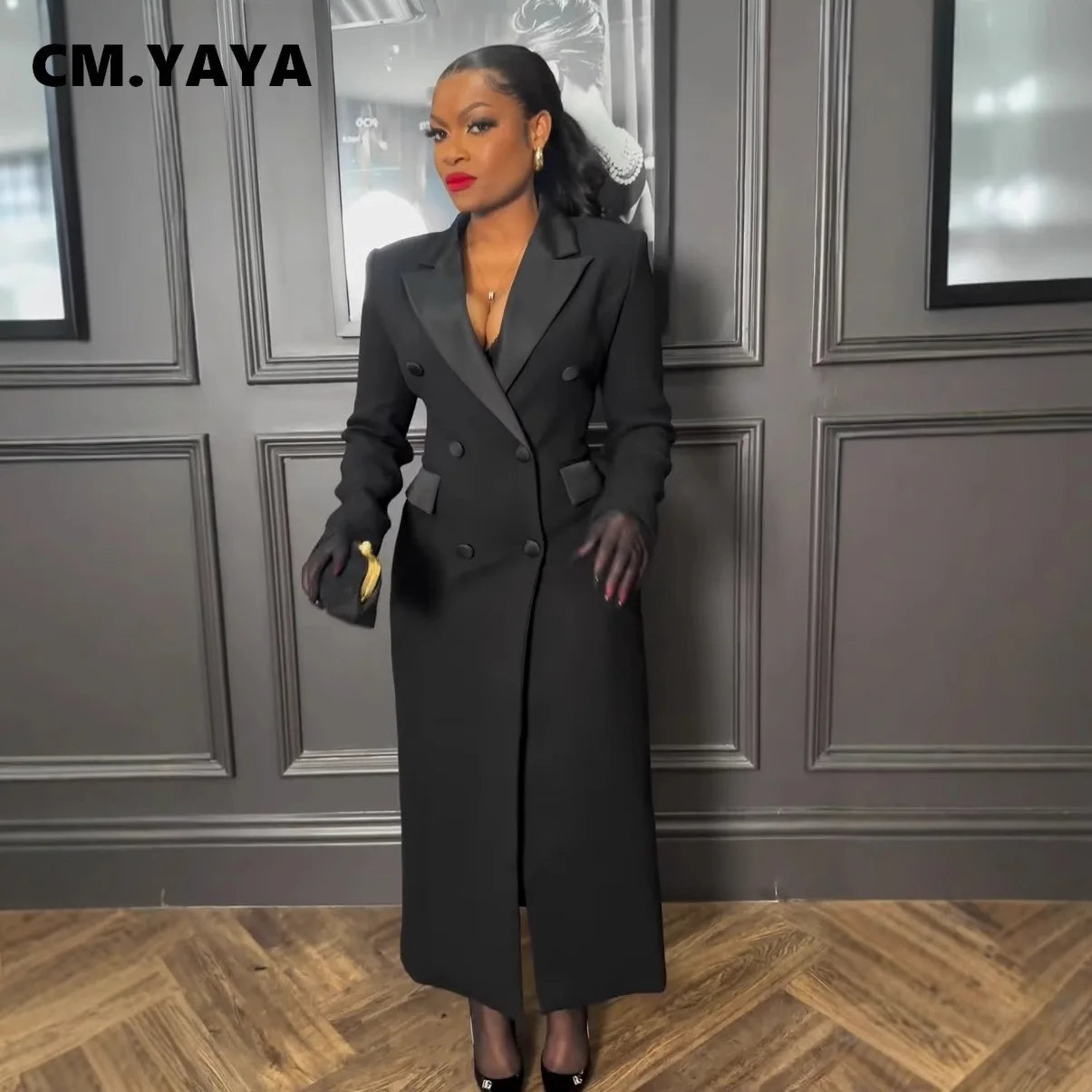 CM.YAYA Fashion Women OL Work Double Breasted Notched Long Sleeve Maxi Dress Spring Sexy Night Elegant Party Street Long Dresses