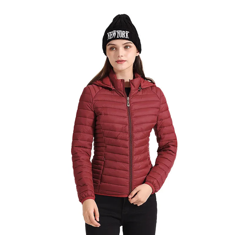 Winter Parka Ultralight Padded Puffer Jacket For Women Coat With Hood Outdoor Warm Lightweight Outwear With Storage Bag Red