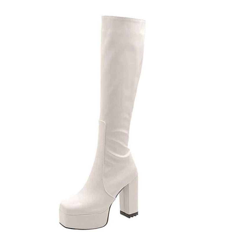 SIMLOVEYO Platform Knee High Boots Toe Block Heels Rubber Size 34-43 Black White Blue S2729 White