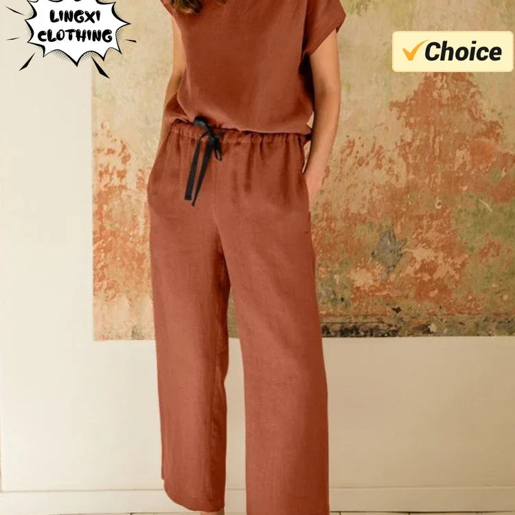 2024 New Matching Series Plus Size Women's Clothing Set Fashion Cotton and Hemp Short Sleeved Shirt Wide Leg Pants Two Piece Set