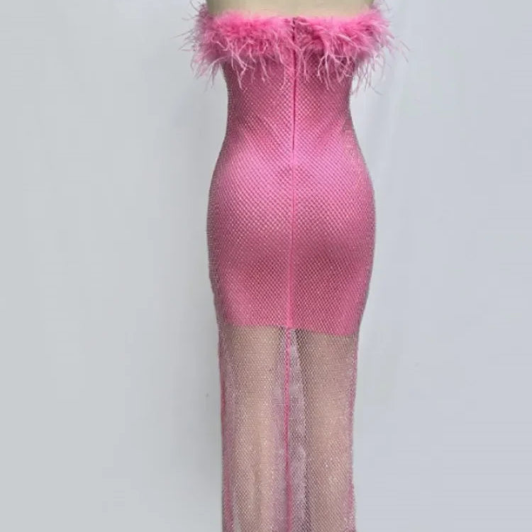 Women Sexy Strapless Ostrich Feathers Pink Crystal Bodycon Bandage Dress 2024 High Street Shineing Split Party Dress Vestido