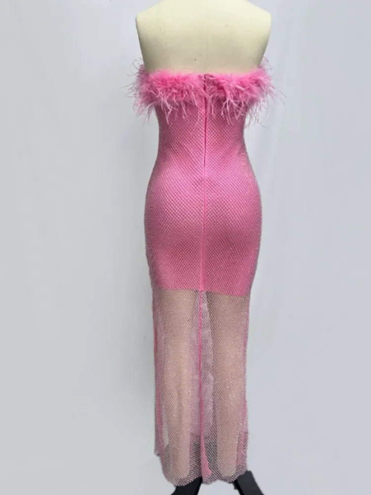 Women Sexy Strapless Ostrich Feathers Pink Crystal Bodycon Bandage Dress 2024 High Street Shineing Split Party Dress Vestido