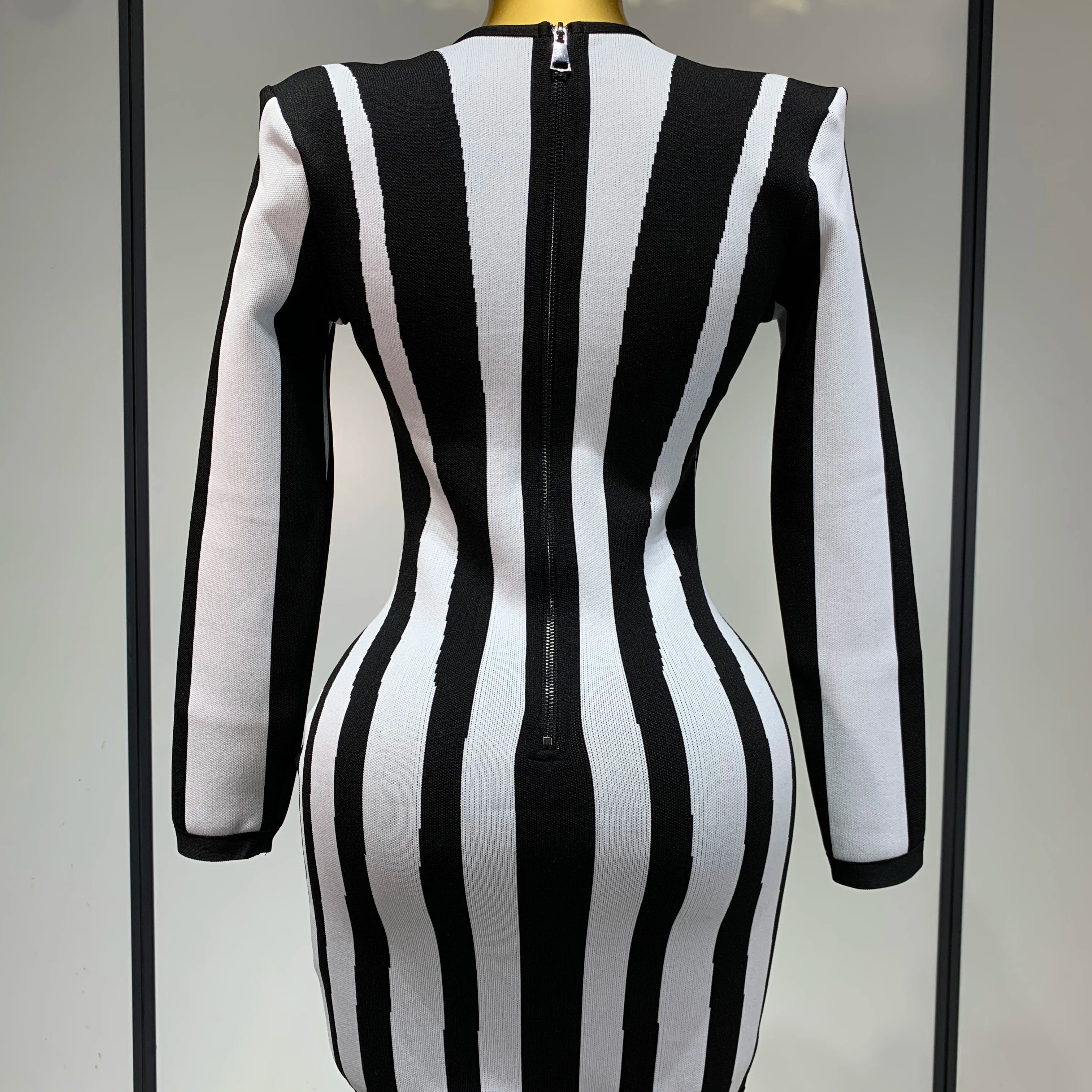 WomenLuxury Sexy Long Sleeve Stripe Black White Mini Bandage Dress 2025 Knitted Celebrity Elegant Evening Club Birthday Dresses