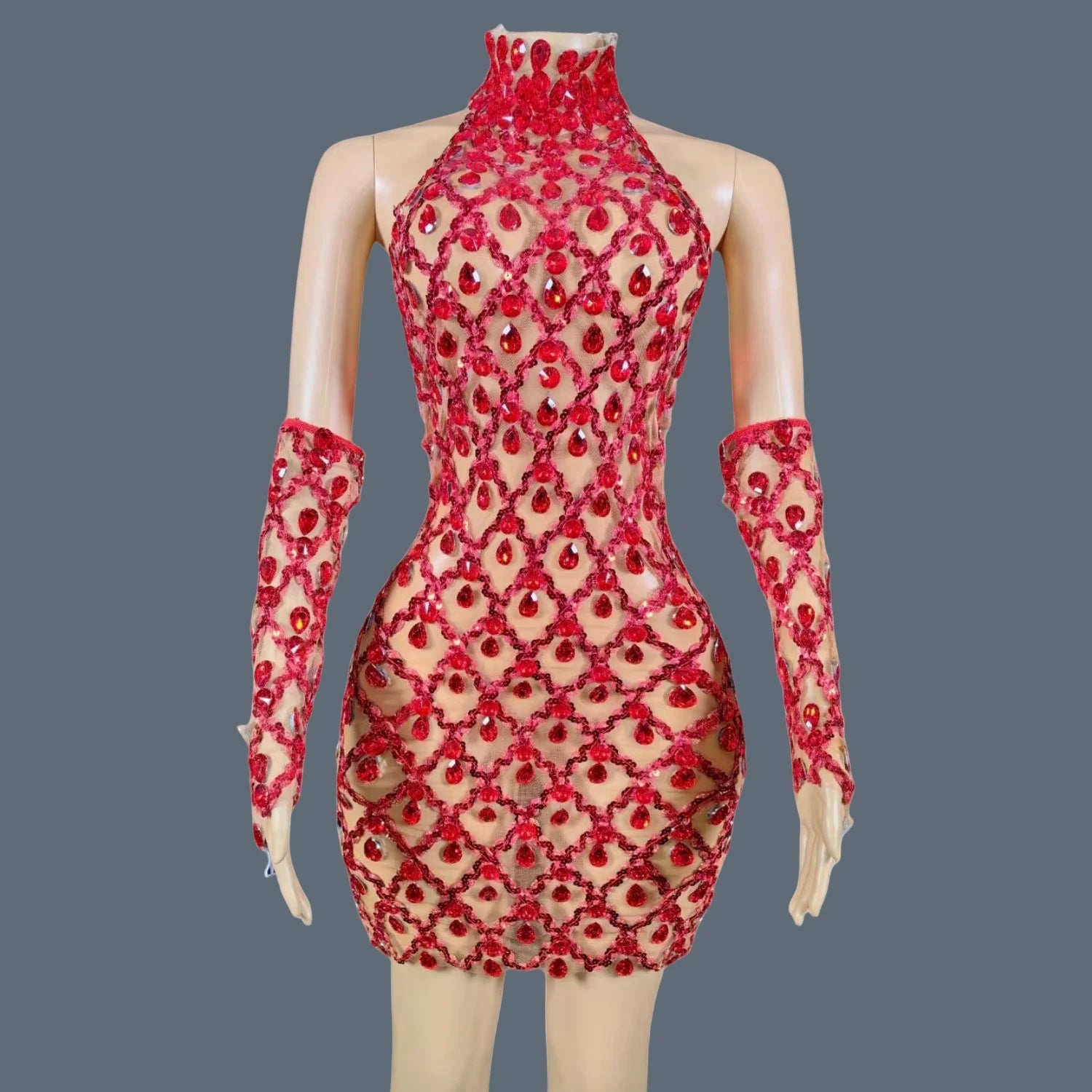 Sparkly Sequins Crystals Summer Mini Dress Sexy Sleeveless See Through Mesh Women Party Dress Event Singer Show Wear Shaokaojia red One Size