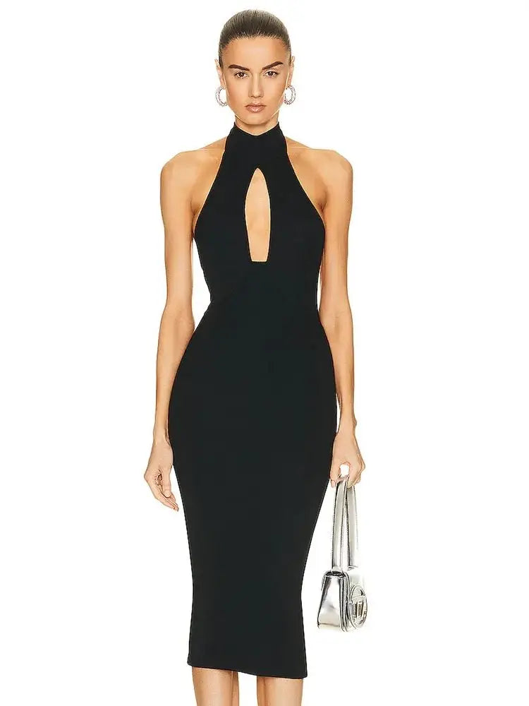 2025 Sexy Women Hanging Neck Sleeveless Bandage Dress Bodycon Off Back Knee Black Dress Celebrity Cocktail Evening Party Vestido black