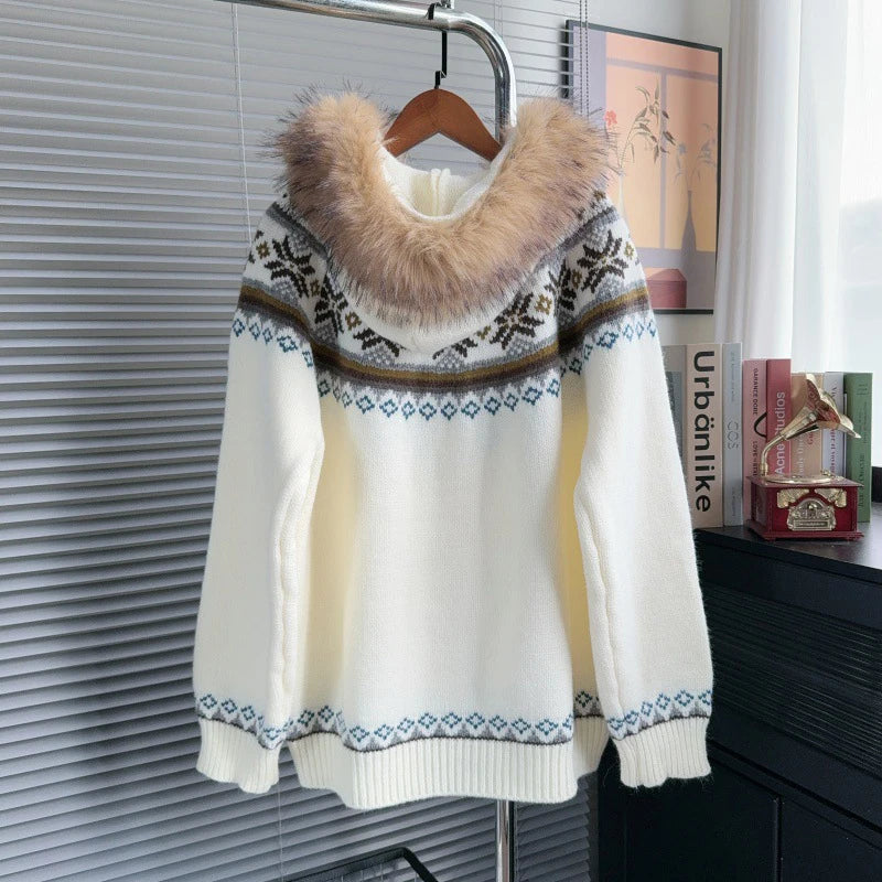 New Autumn Winter Fur Collar Hooded Sweater Coat For Women Loose Contrast Color Knitted Cardigan Female Trend 11A07546