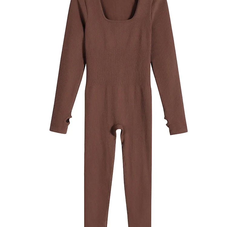 Women Yoga Jumpsuits One Piece Workout Ribbed Long Sleeve Rompers Square Neck Sport Exercise Bodysuits Gym Sportswear Brown