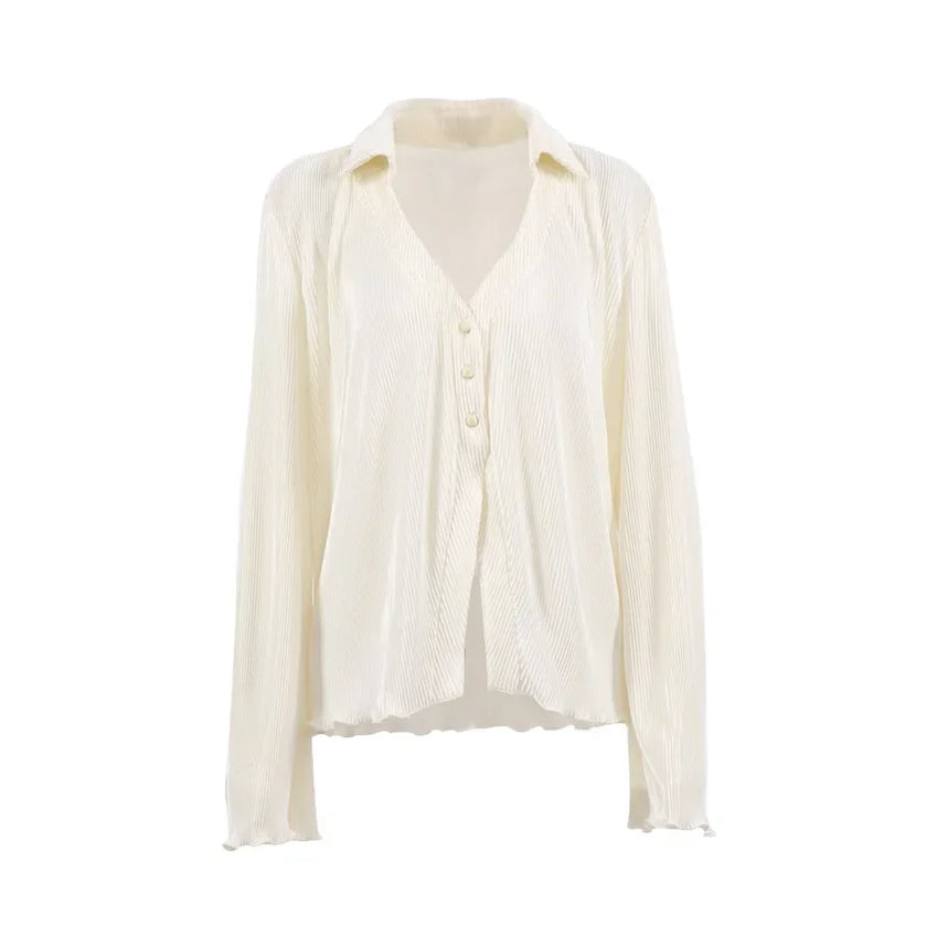 Pleated Solid Women Set Long Sleeve Shirts and Straight Wide Leg Pants Suits Tracksuit Two Piece Set Fitness Outfits top