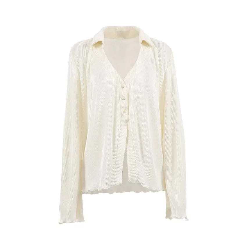 Pleated Solid Women Set Long Sleeve Shirts and Straight Wide Leg Pants Suits Tracksuit Two Piece Set Fitness Outfits top