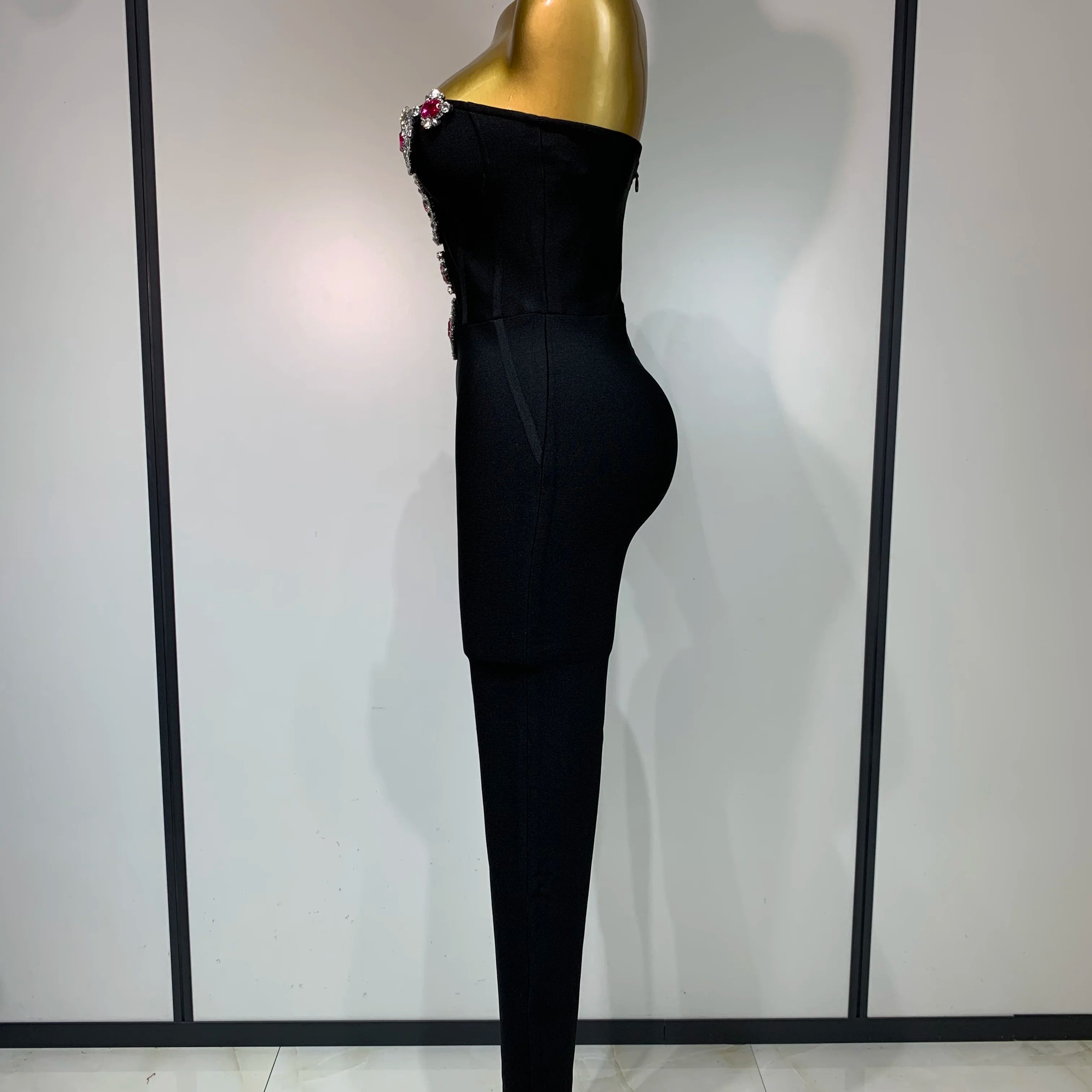 Fashion Celebrate Sparkly Rhinestone Women Sexy Strapless Bodycon Bandage Jumpsuit Runway Nightclub Party Luxury Birthday Outfit