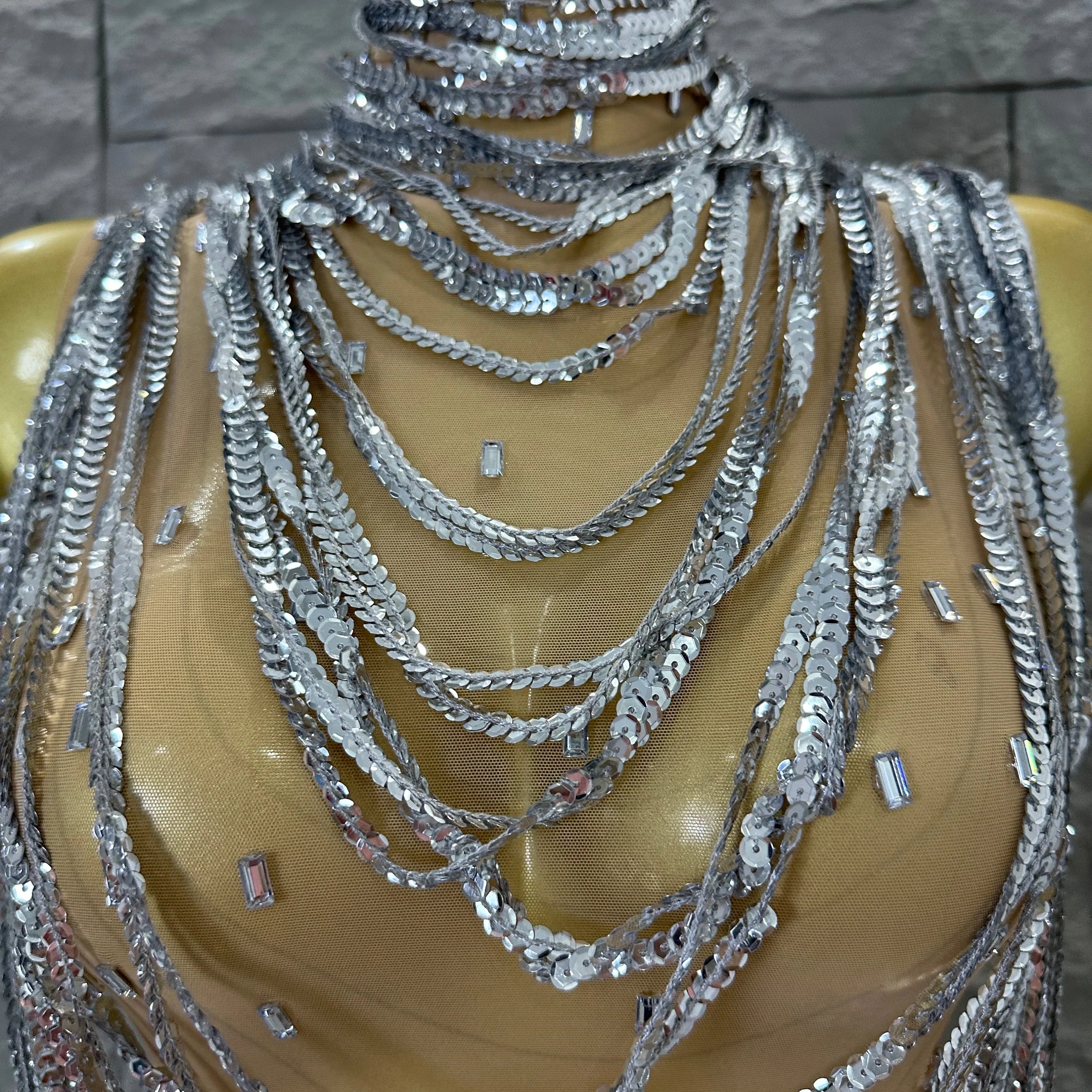Glamorous Silver Sequined Layered Chain Mesh Dress Women Sexy High Neck Sleeveless Bodycon Stage Performance Costume