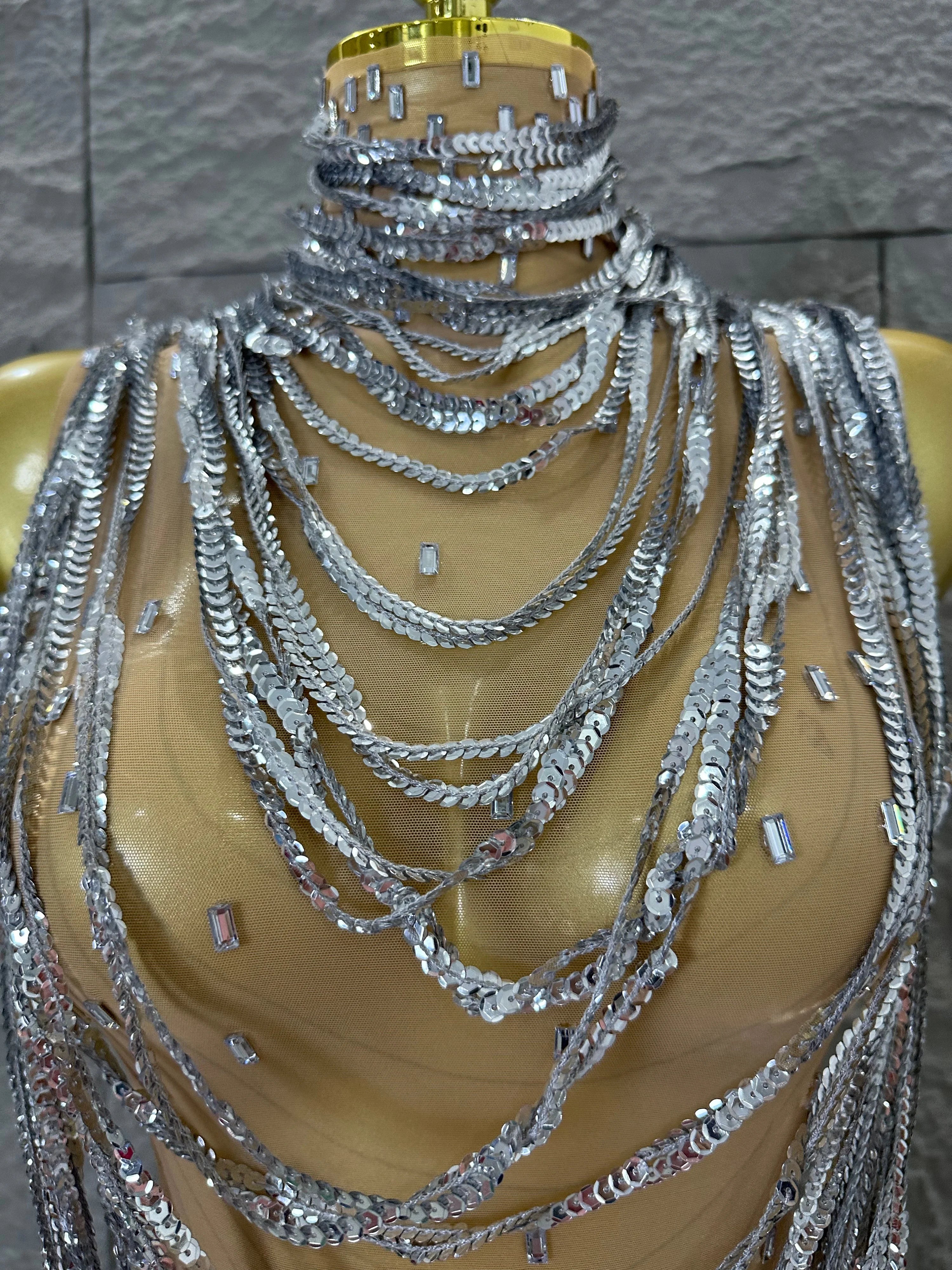 Glamorous Silver Sequined Layered Chain Mesh Dress Women Sexy High Neck Sleeveless Bodycon Stage Performance Costume
