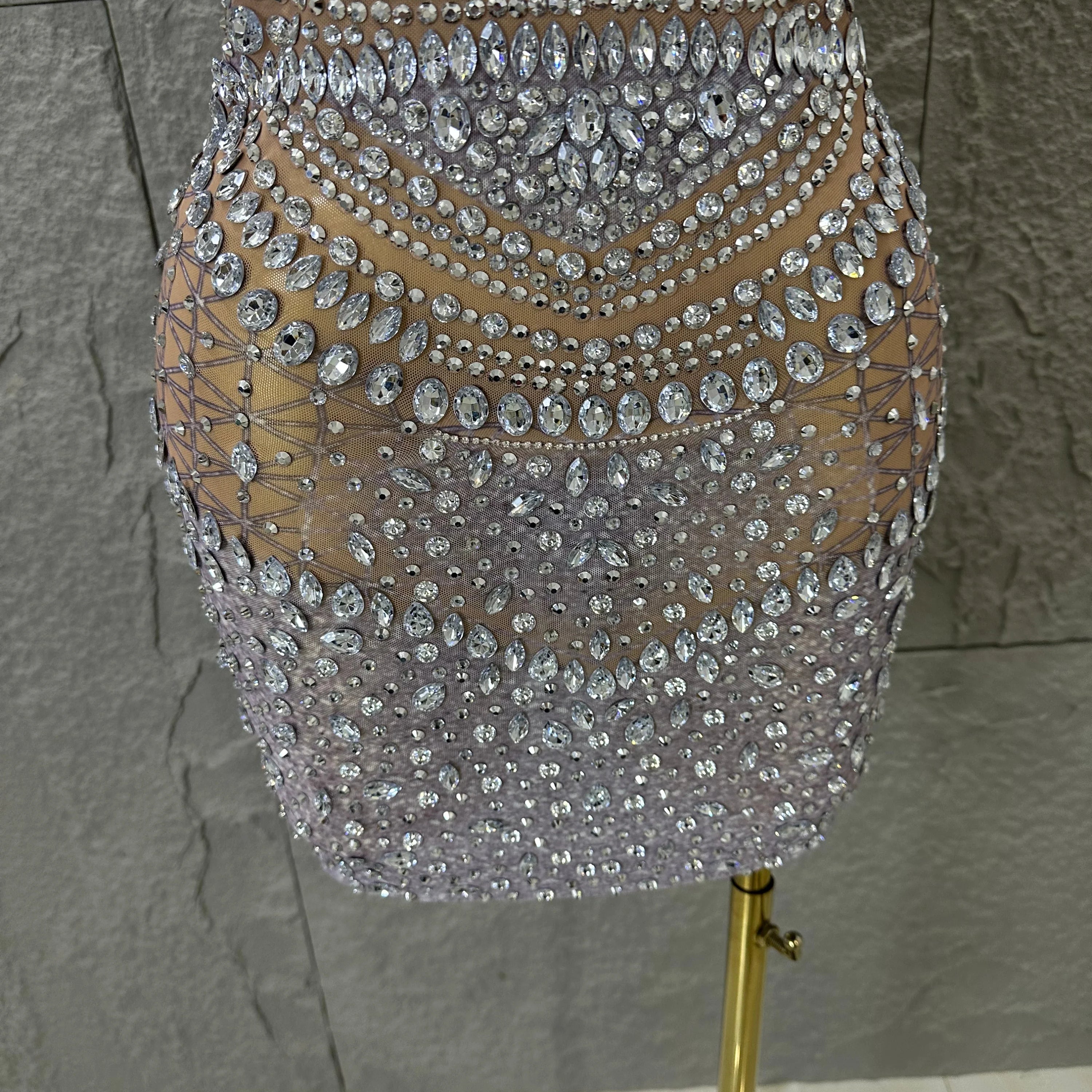 Women Evening Birthday Party Dancer Sexy Nightclub Luxurious Sparkly Crystal Diamonds Print See Through Stretch Mesh Dress