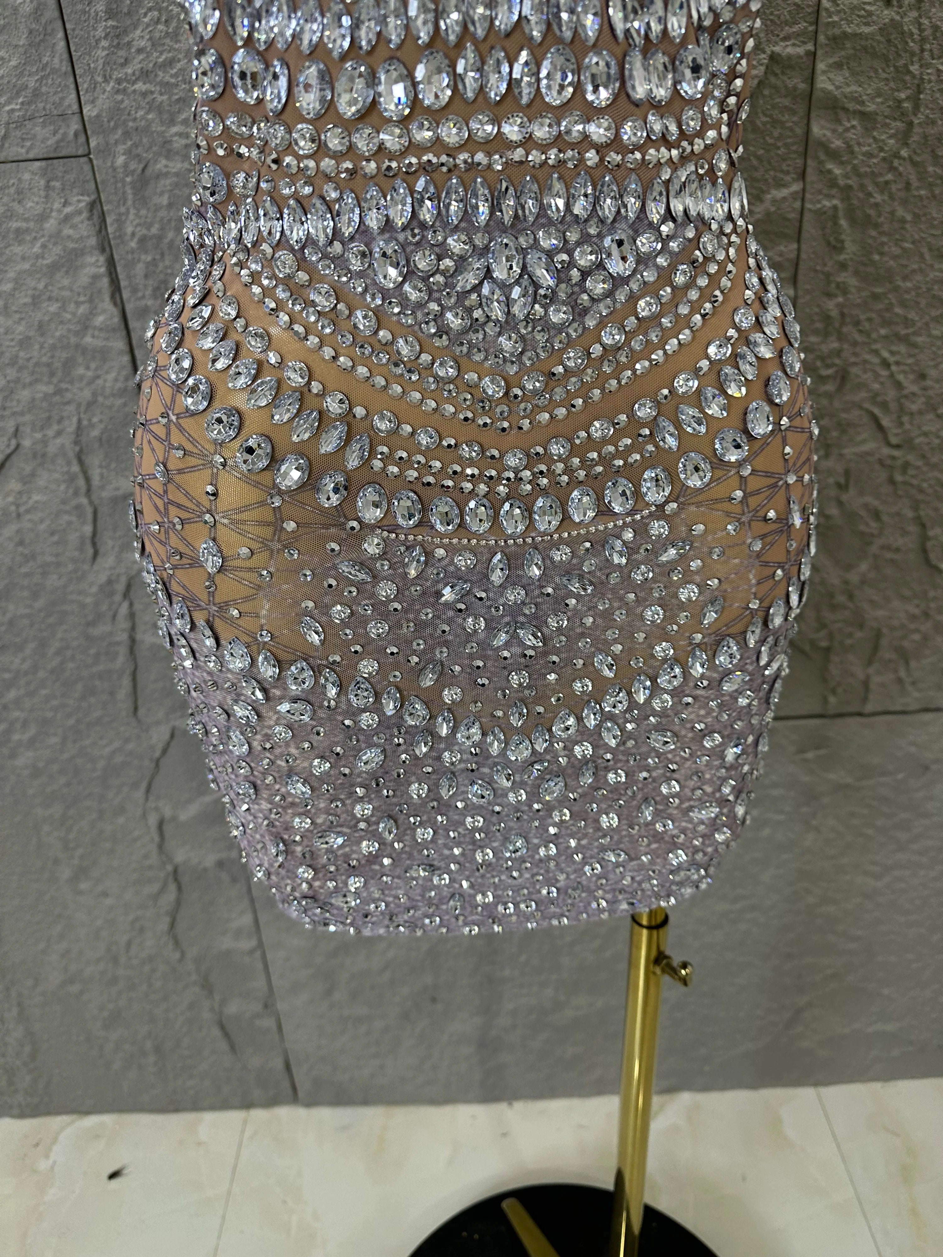 Women Evening Birthday Party Dancer Sexy Nightclub Luxurious Sparkly Crystal Diamonds Print See Through Stretch Mesh Dress