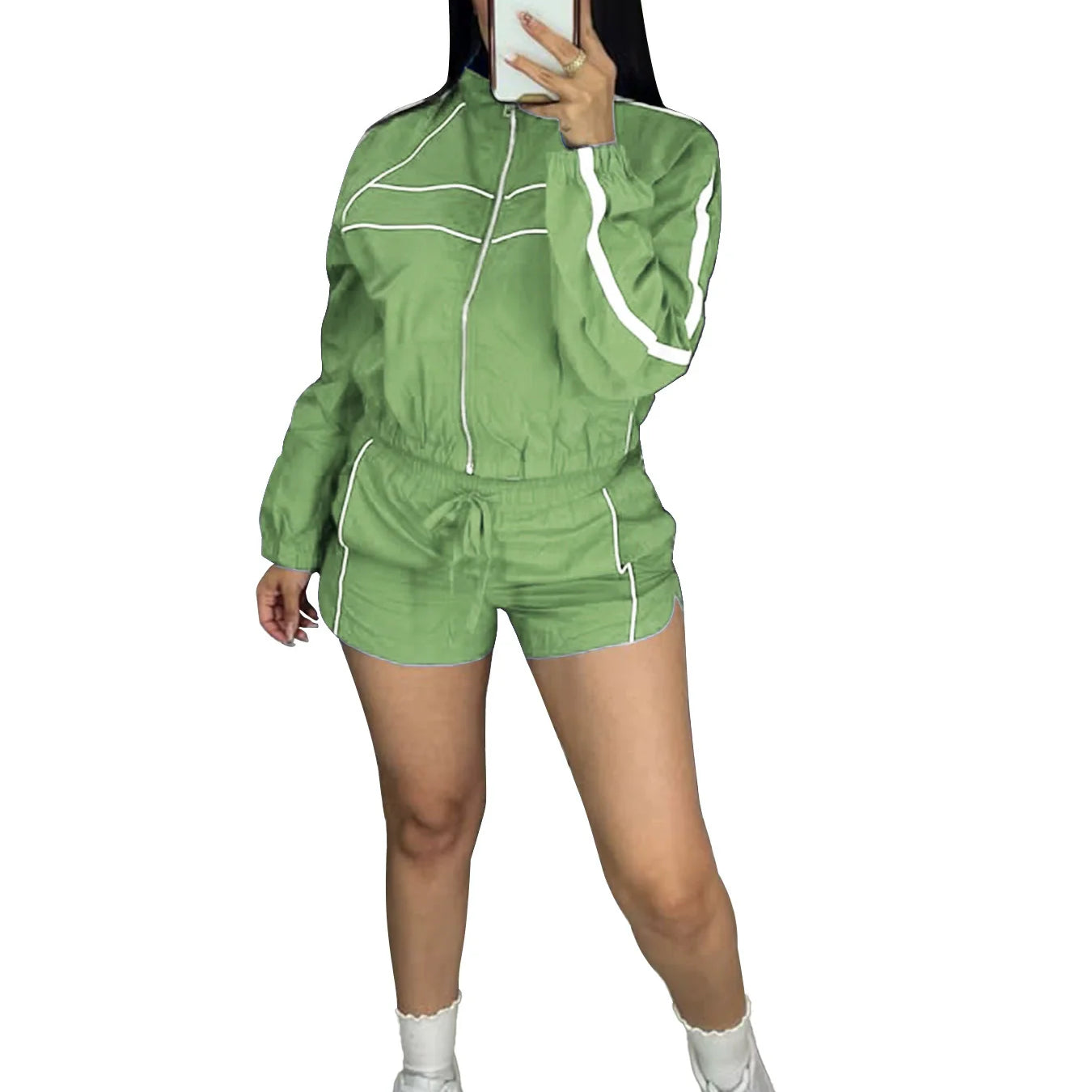 Women's Set Long Sleeve Jacket + Shorts Suit 2025 Summer Streetwear Active Slim Sporty Two 2 Piece Set Outfit Tracksuit Light Green